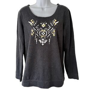 Express Dark Gray Jeweled Sequin Silver Long Sleeve Crew Neck Sweatshirt Size M